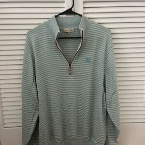 Peter Millar Light Blue and White Striped Zip-Up Sweater